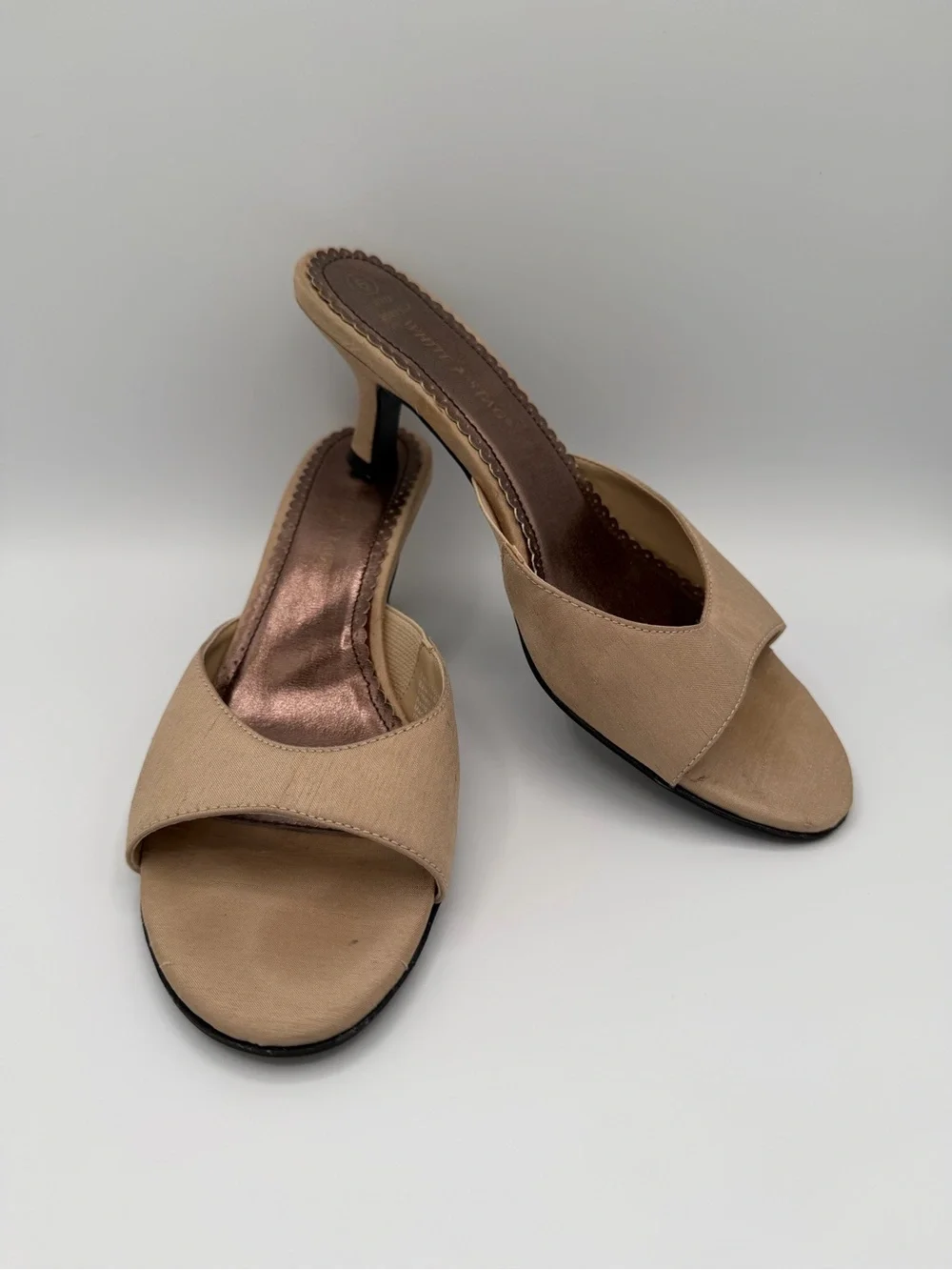 White Stag Tan Slide Heels with Rose-Gold Insole